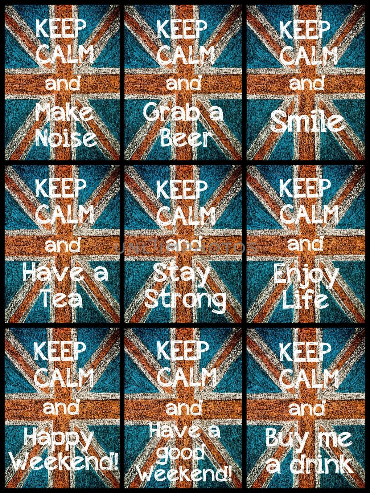 Photo collage of various Keep Calm Messages. United Kingdom (British Union jack) flag, vintage hand drawing with chalk on blackboard, lifestyle concept