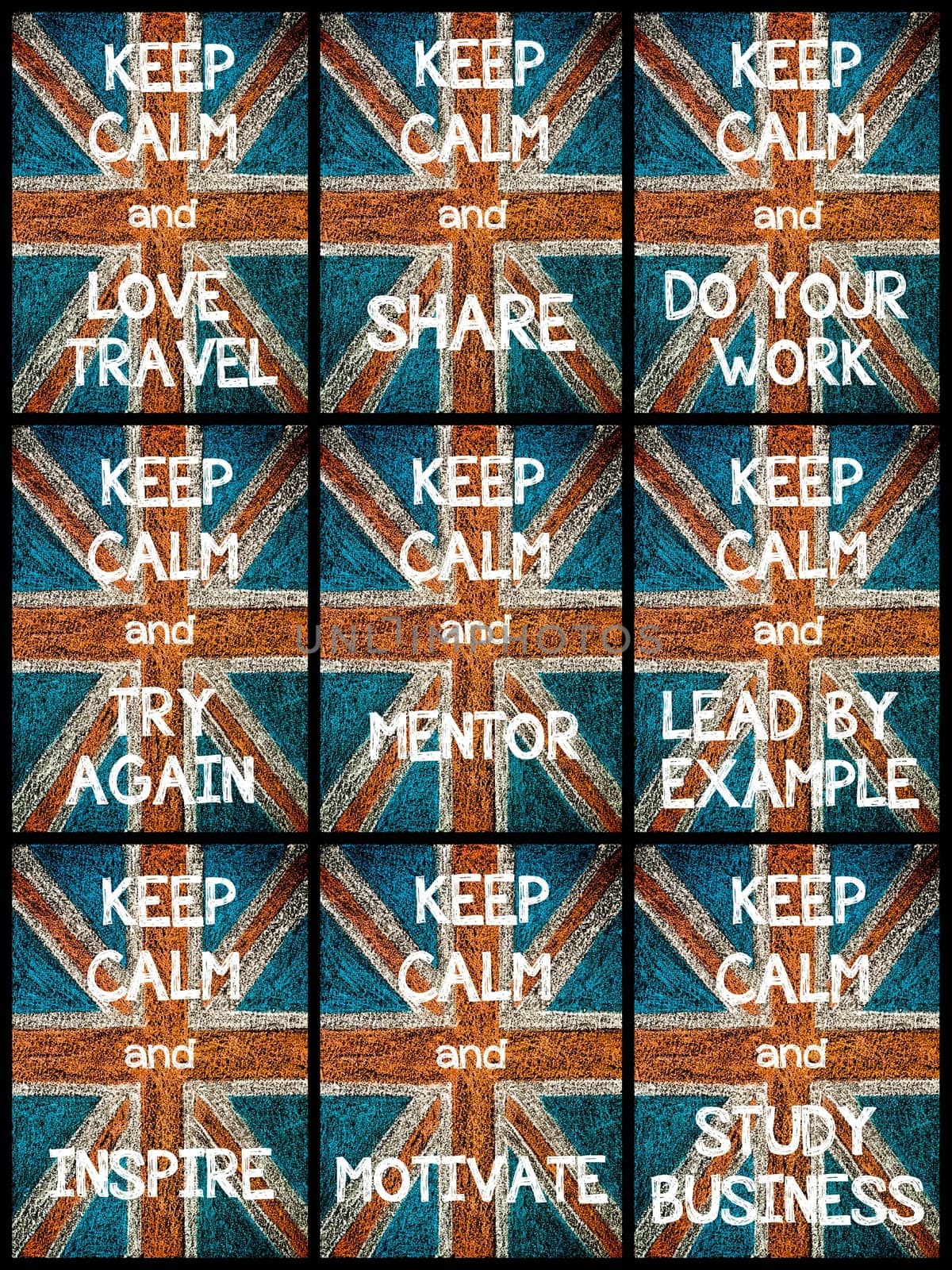 Photo collage of various Keep Calm Messages. United Kingdom (British Union jack) flag, vintage hand drawing with chalk on blackboard, lifestyle concept