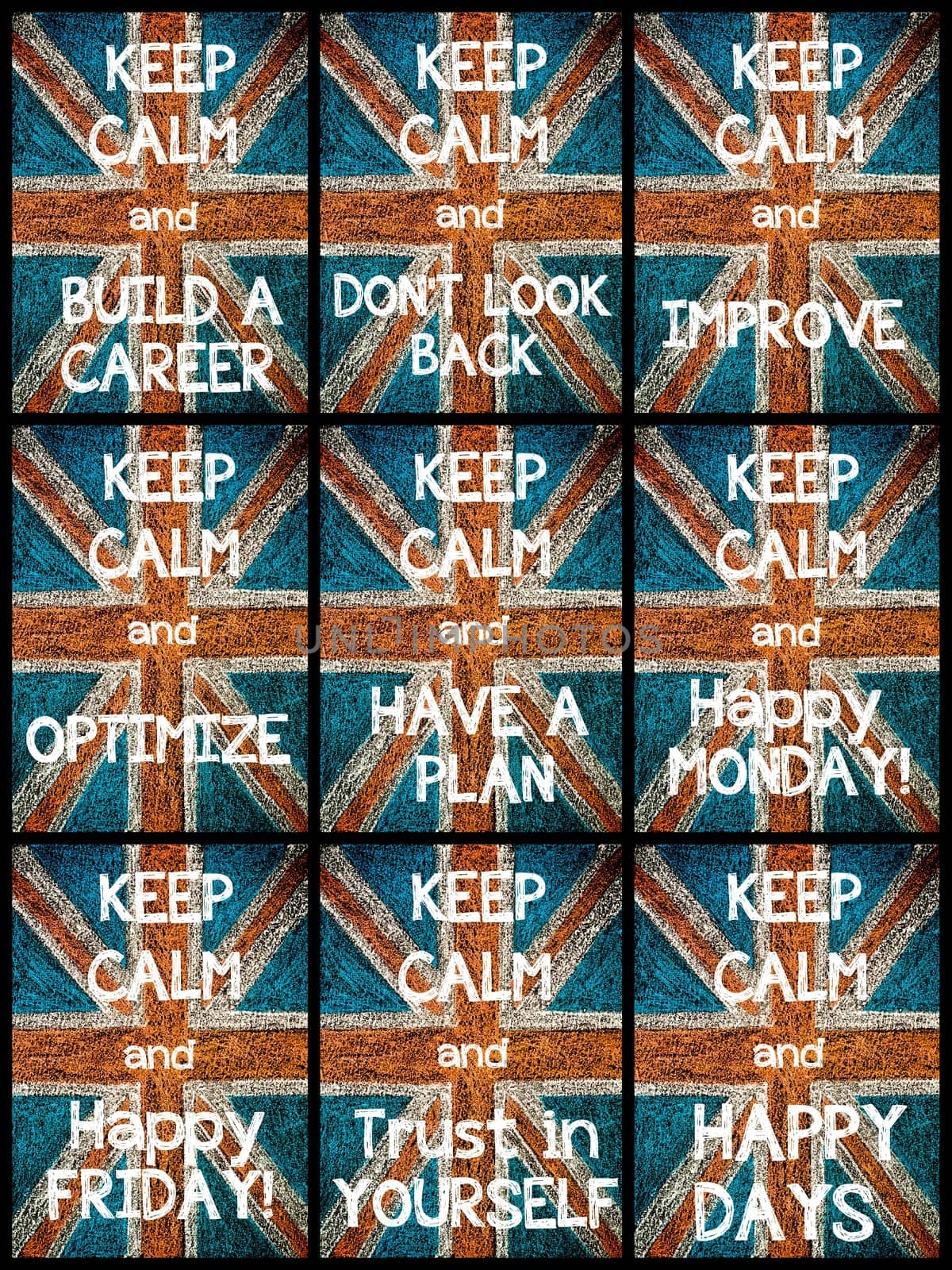 Photo collage of various Keep Calm Messages. United Kingdom (British Union jack) flag, vintage hand drawing with chalk on blackboard, lifestyle concept