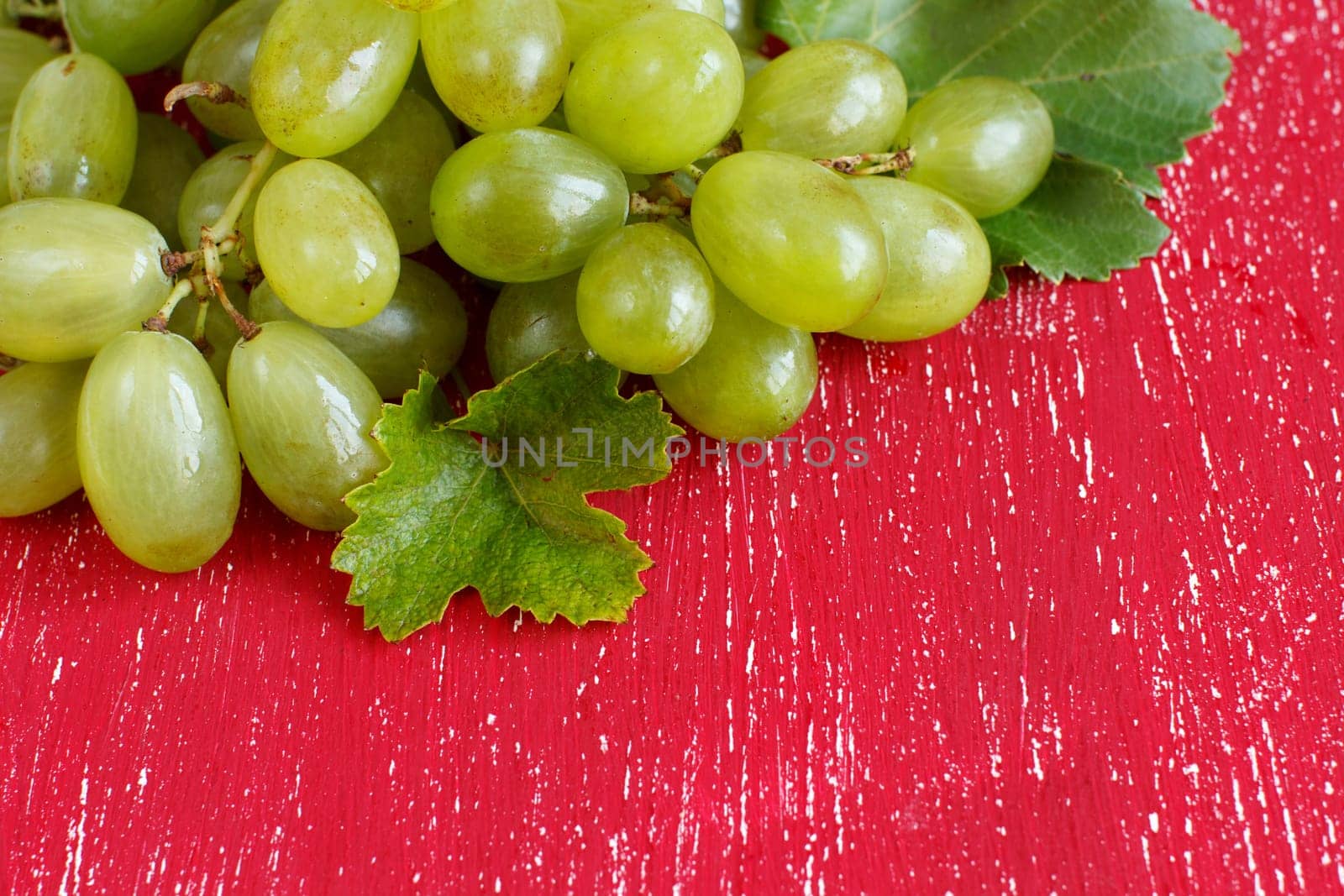 White grapes on a red Background close up