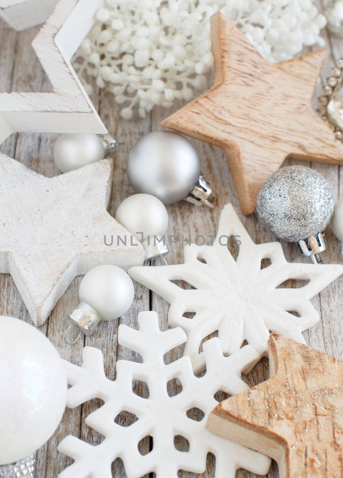 Silver and cream Christmas christmas decorations close up