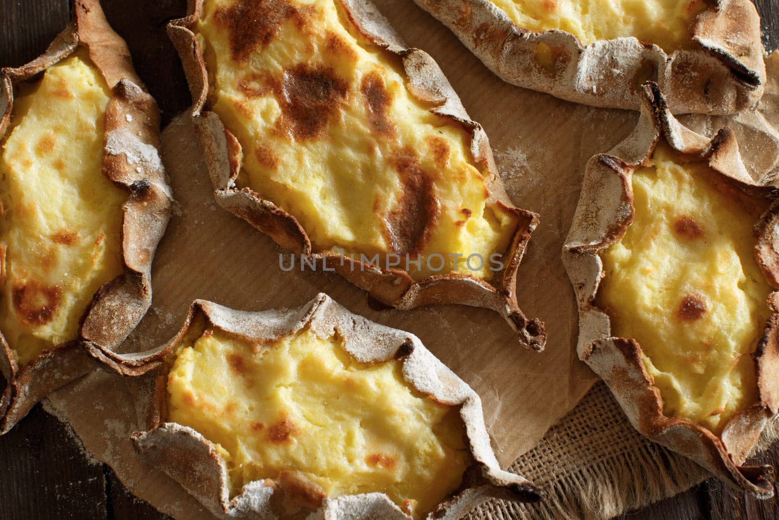 Traditional karelian pasties with potatoes top view