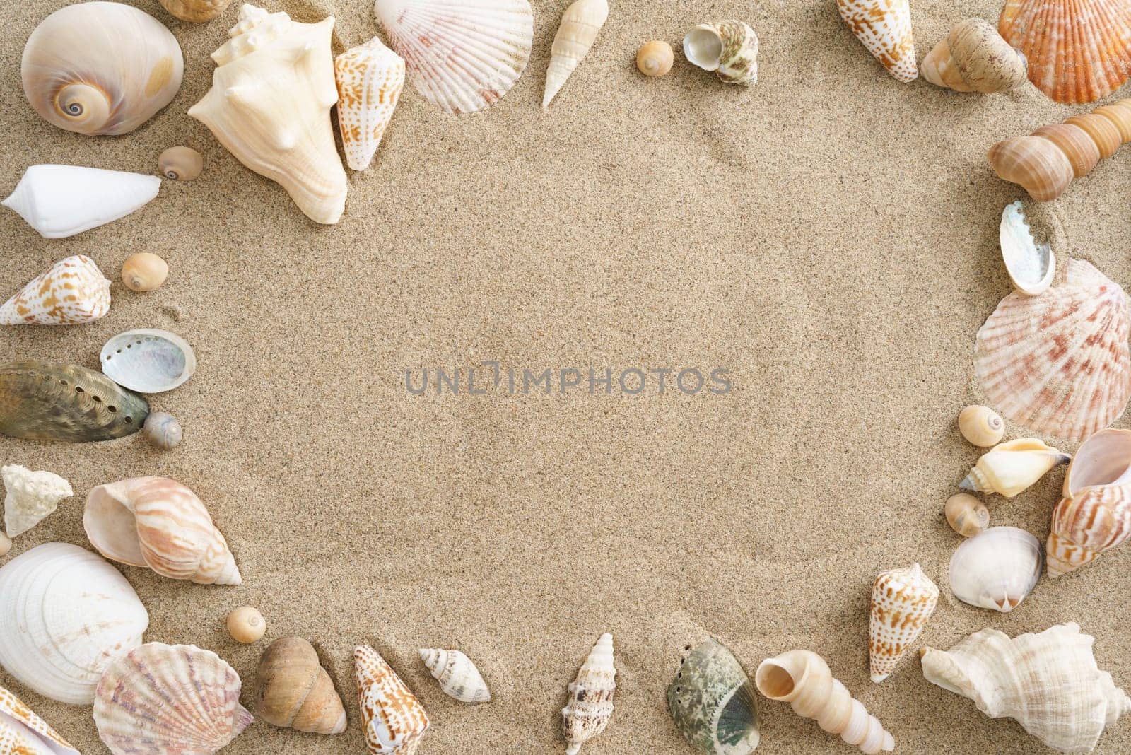Collection of mussels in the sand with copyspace in the center