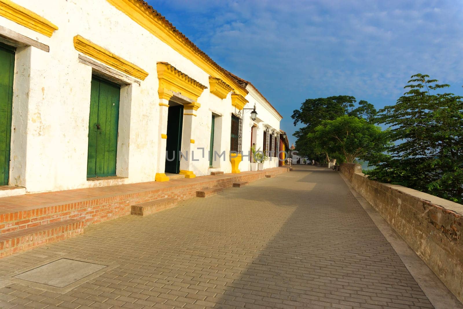 White colonial architecture and beautiful blue sky in Mompox, Colombia