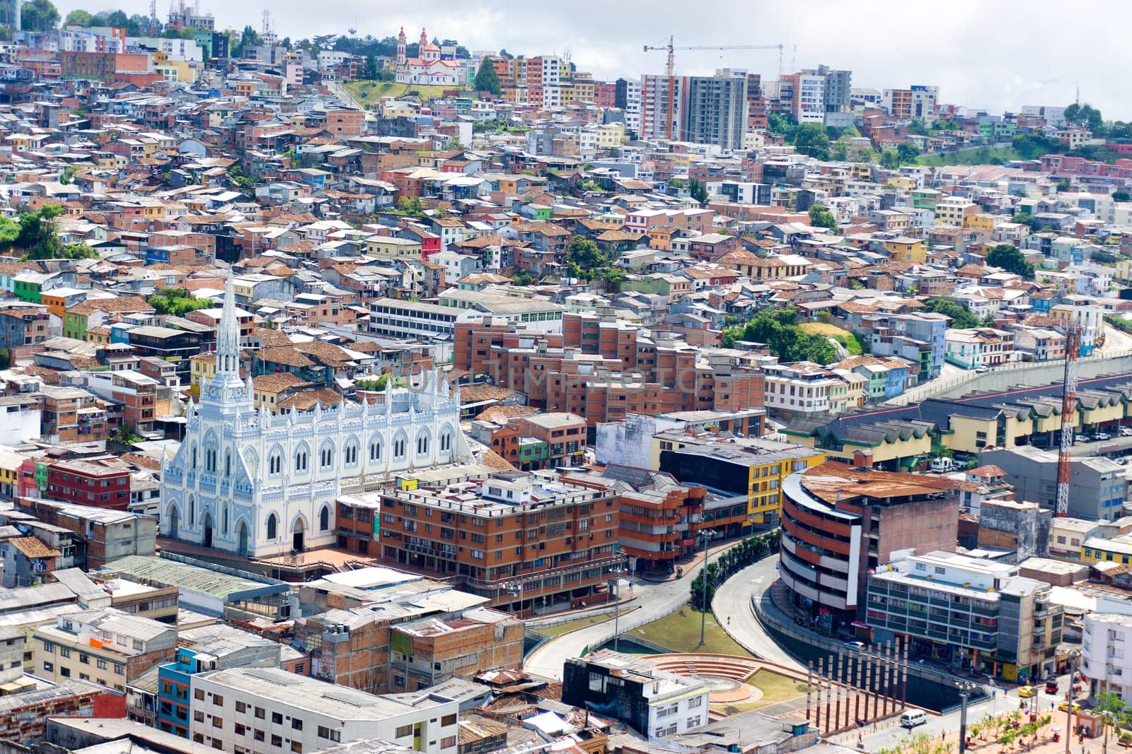 Cityscape and beautiful blue and white church in Manizales, Colombia