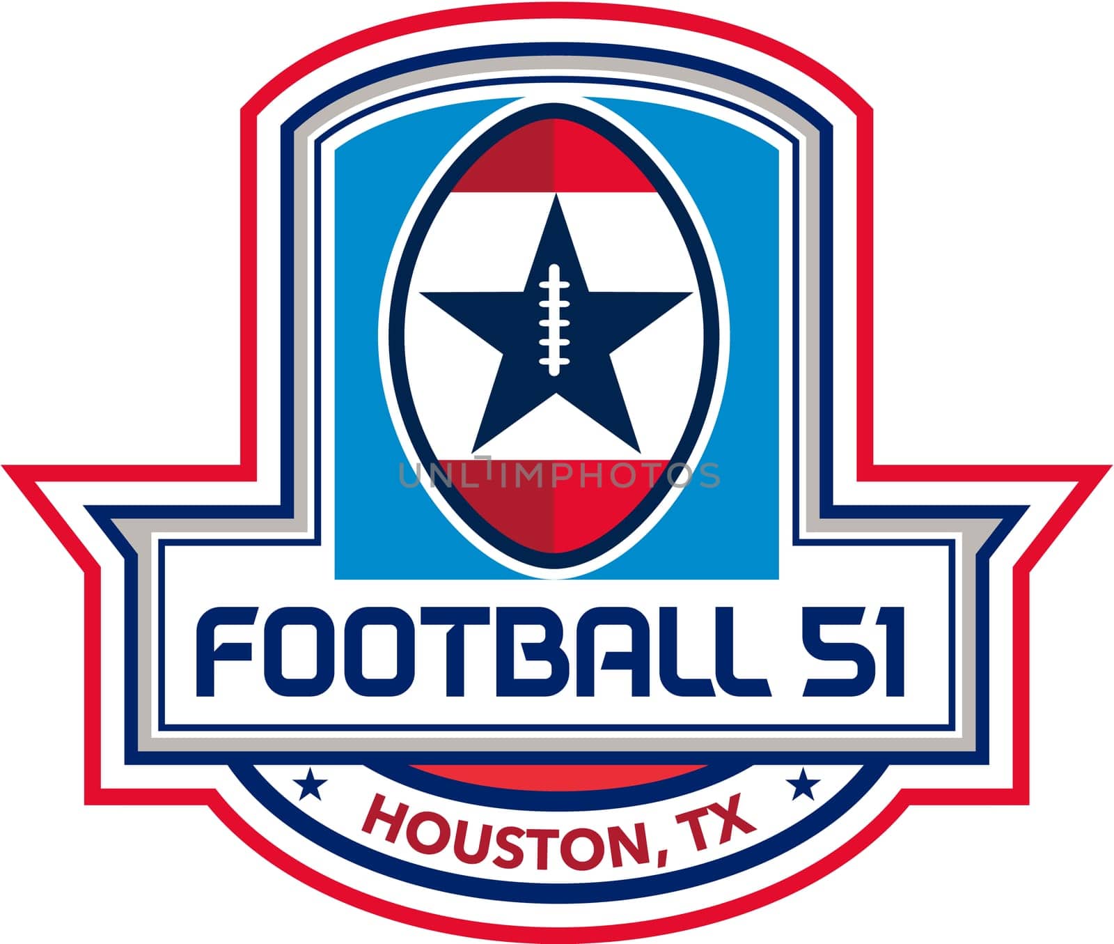Illustration of an American football ball big game with stars and stripes set inside shield crest with words text Football 51 Houston, TX done in retro style.