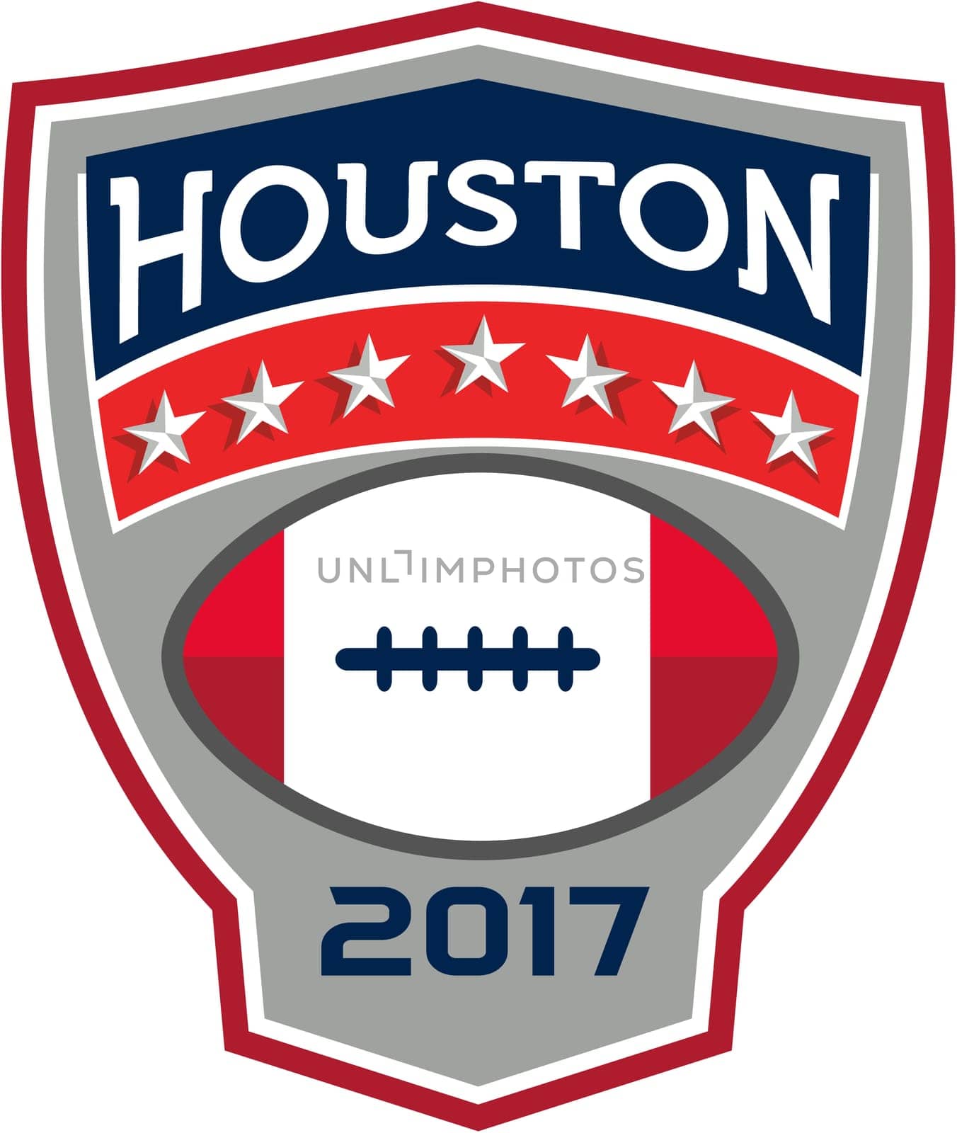Illustration of an American football ball big game with stars and stripes set inside shield crest with words Houston 2017 done in retro style.