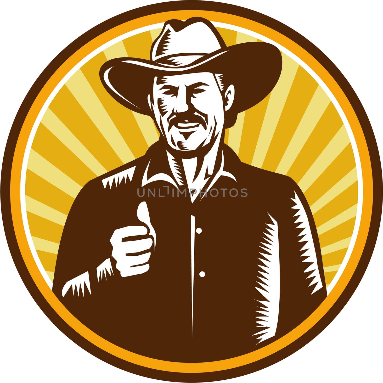 Illustration of a cowboy smiling wearing hat thumbs up facing front set inside circle with sunburst in the background done in retro woodcut style.