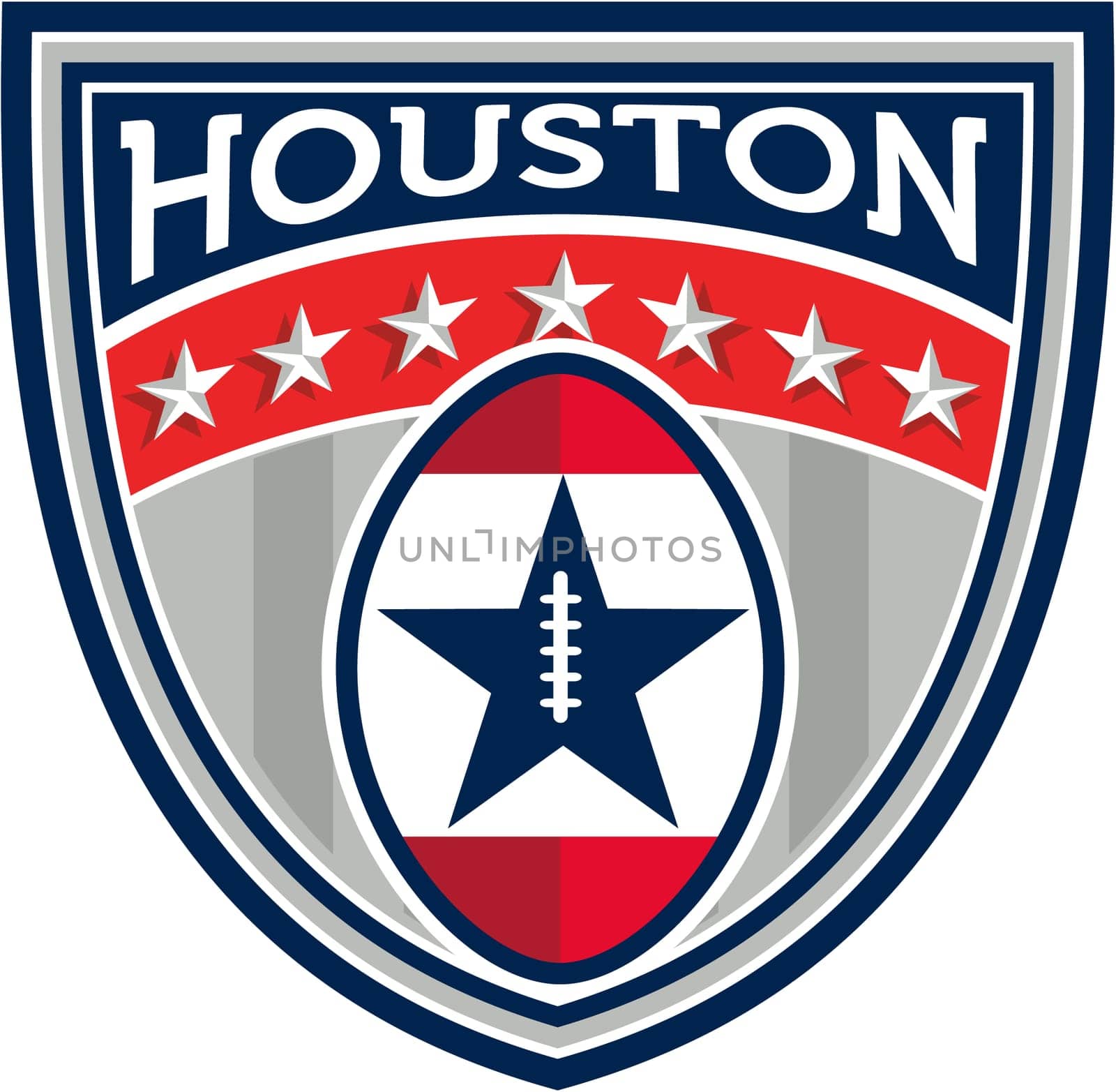Illustration of an American football ball big game set inside shield crest with stars and stripes and the word Houston done in retro style.