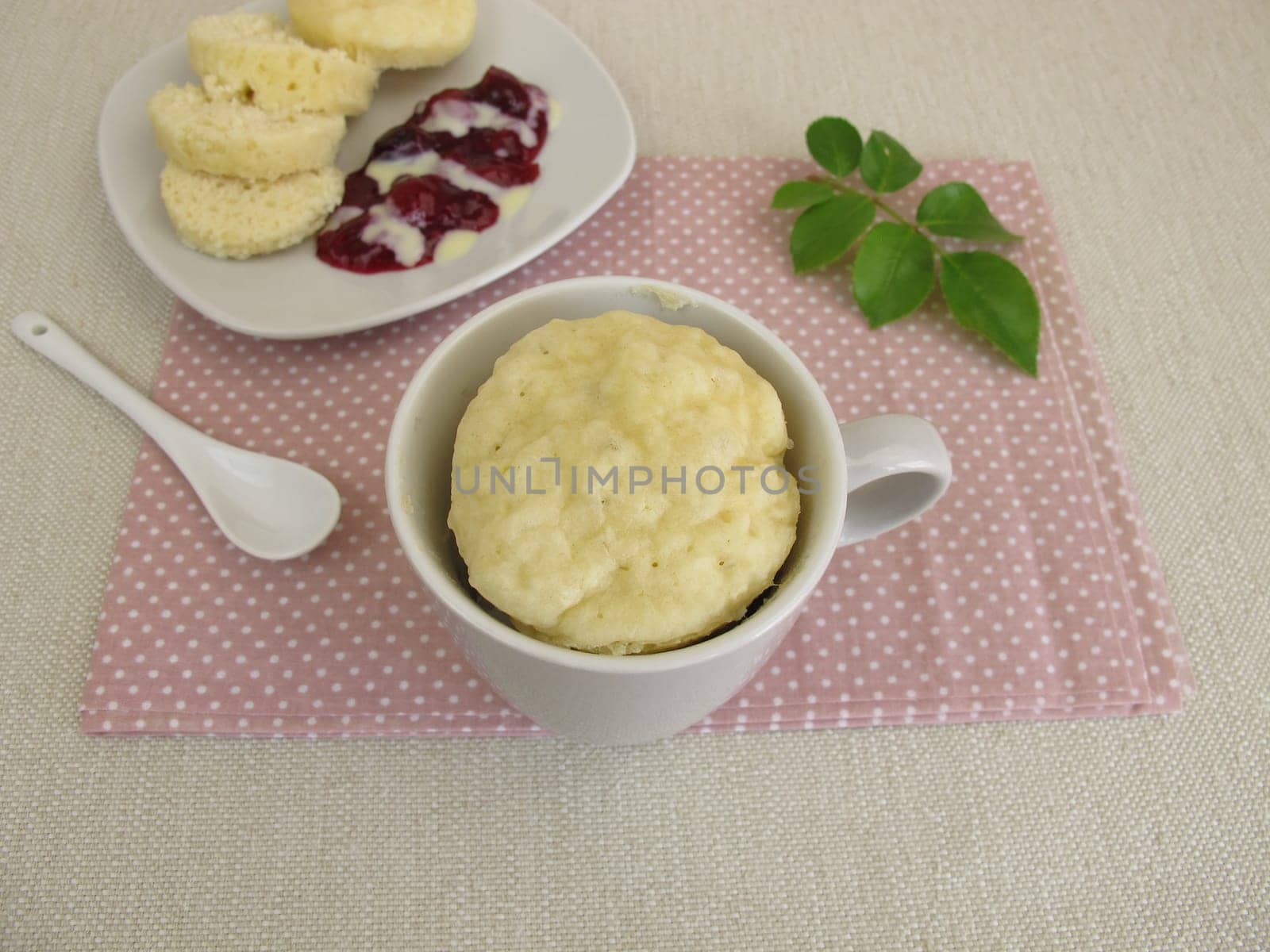Homemade cup dumplings from the microwave with red groats and vanilla sauce