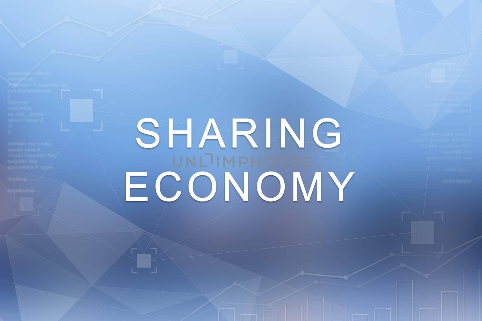 sharing economy word on blue blurred and polygon background
