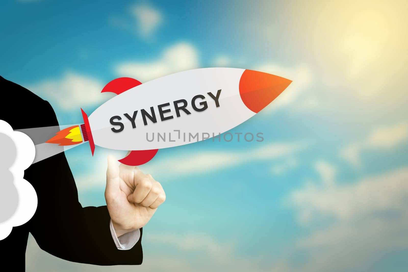 business hand clicking synergy flat design rocket