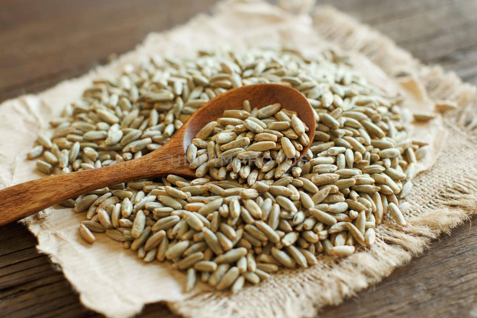 Pile of Dry Raw Rye Grain with a spoon