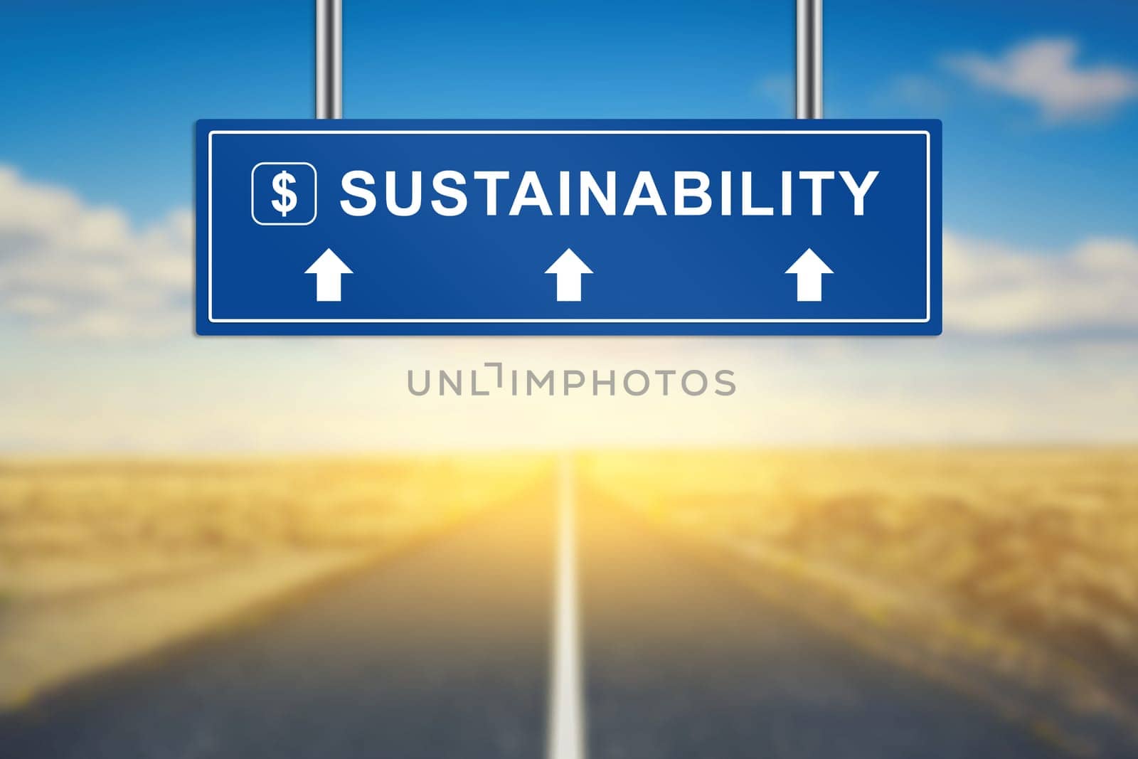sustainability words on blue road sign with blurred background