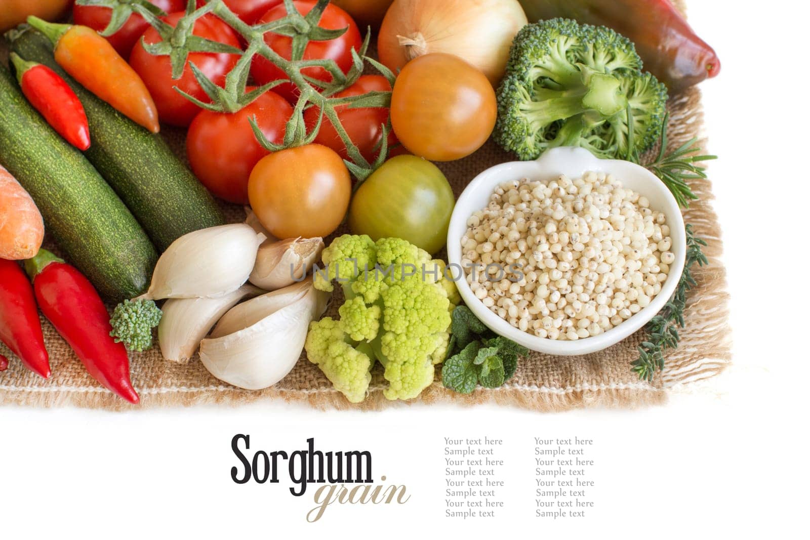 White sorghum grain in a bowl with vegetables isolated on white