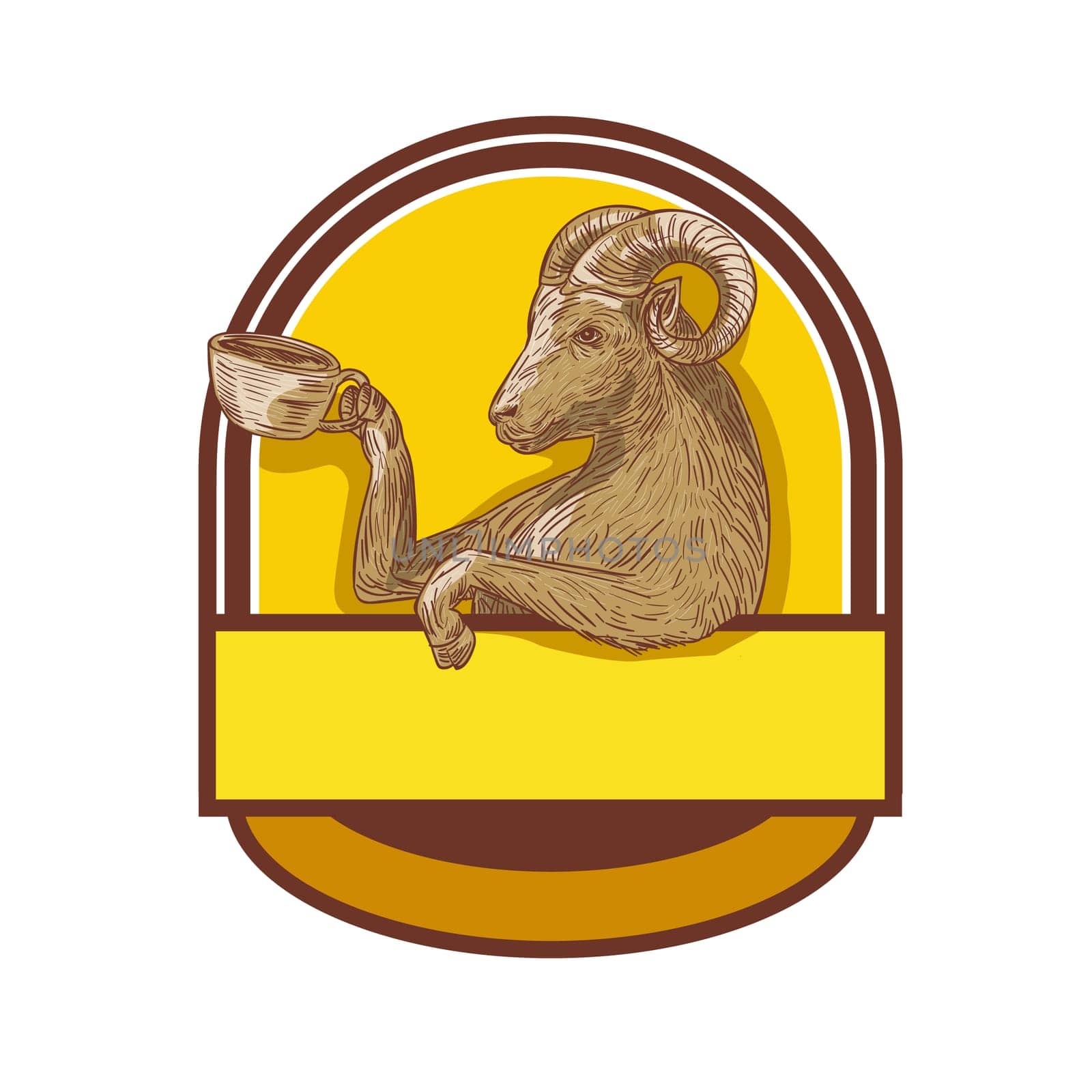 Drawing sketch style illustration of a ram goat drinking coffee viewed from the side set inside crest.