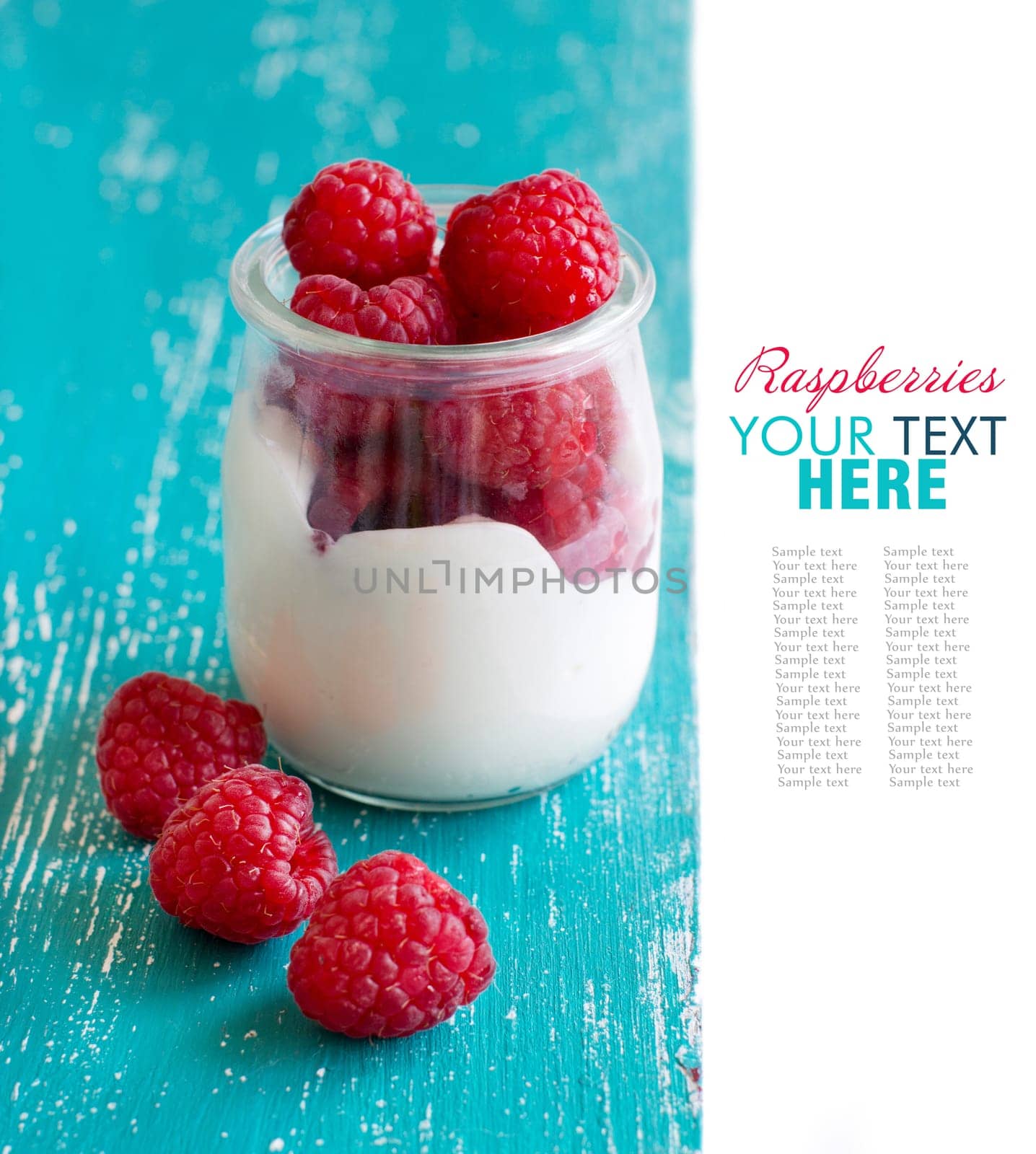 Raspberries and fresh yogurt in a jar on a turquoise background