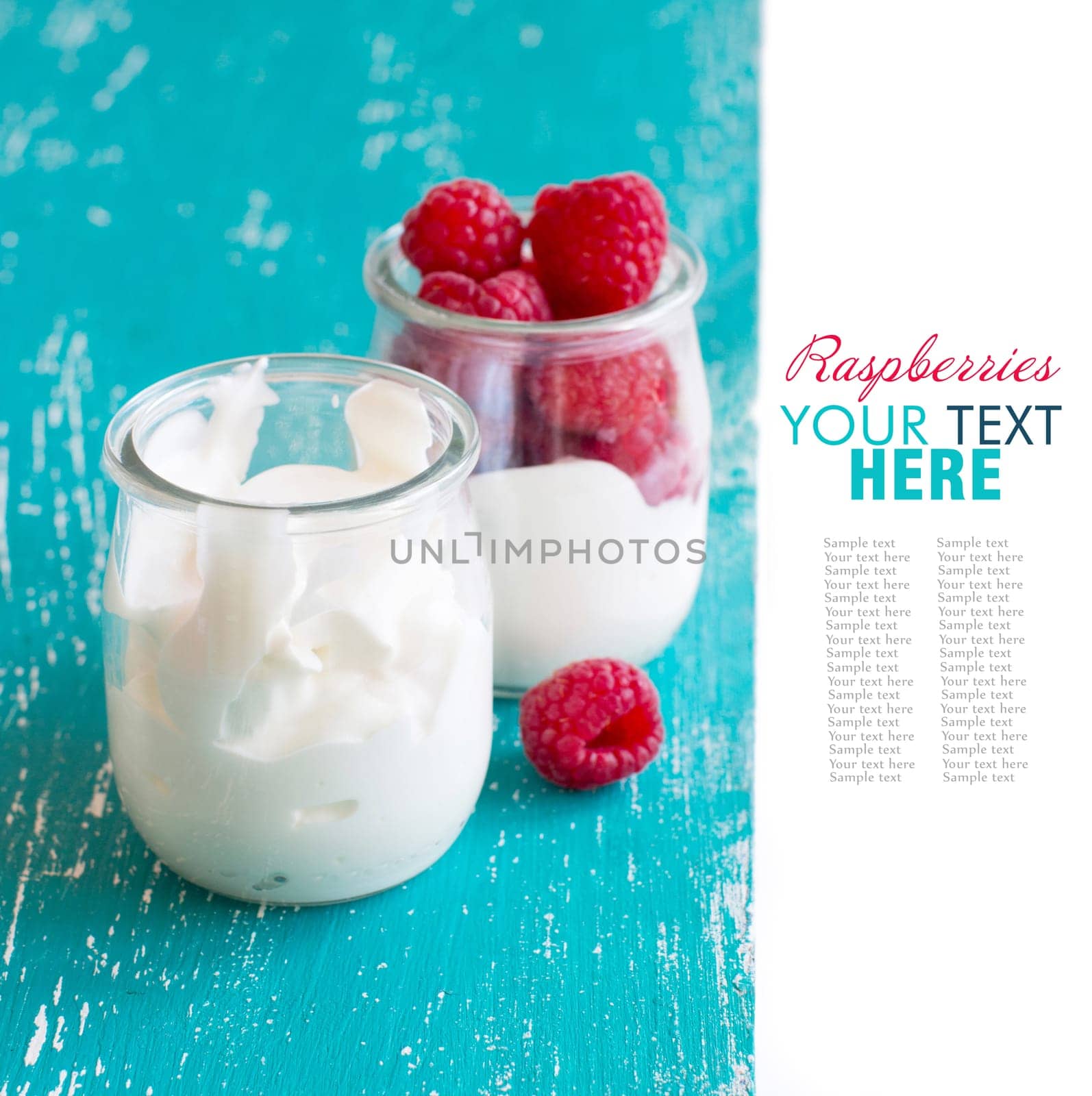 Raspberries and fresh yogurt in a jar on a turquoise background