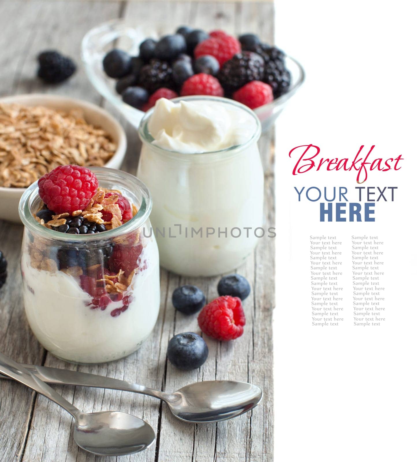 Healthy breakfast with Fresh greek yogurt, flakes and berries
