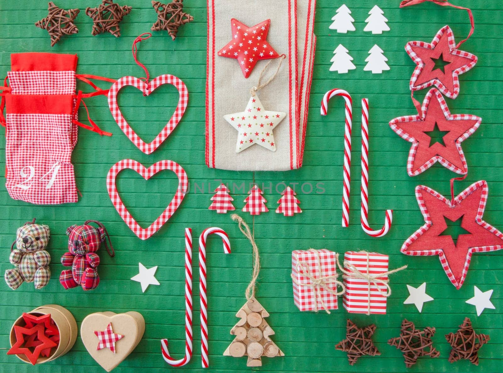 Colorful decoration for Christmas on a rustic green background