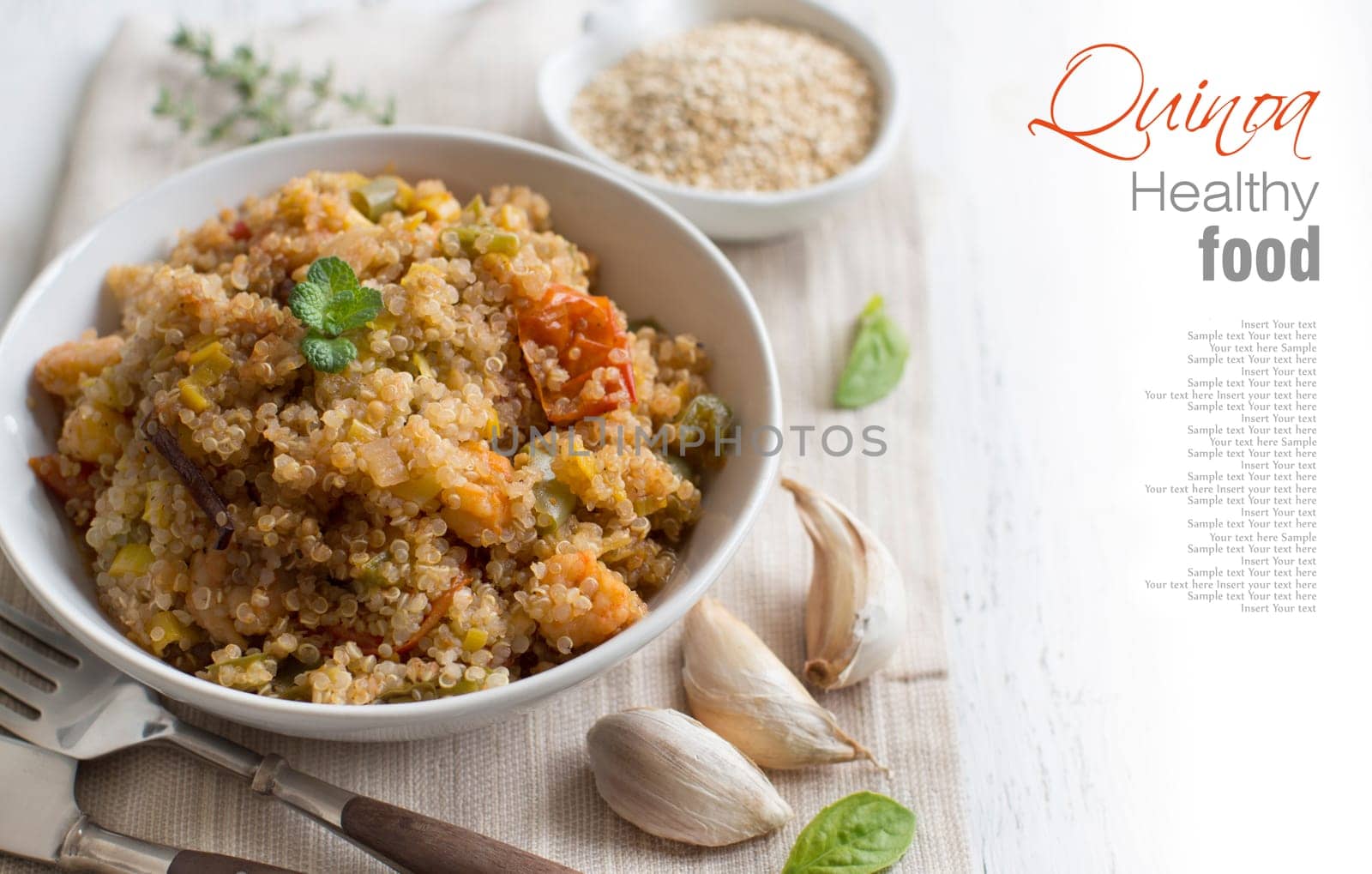Cooked Quinoa with vegetables and shrimps in a bowl