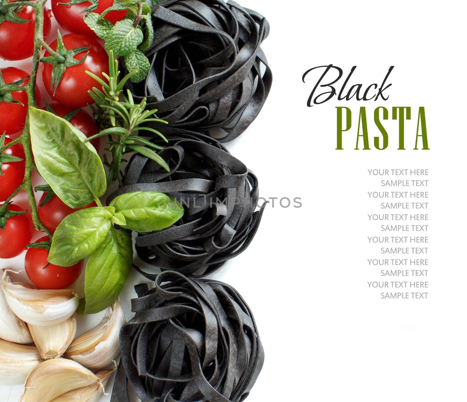 Black Tagliatelle pasta with cherry tomatoes, garlic and herbs