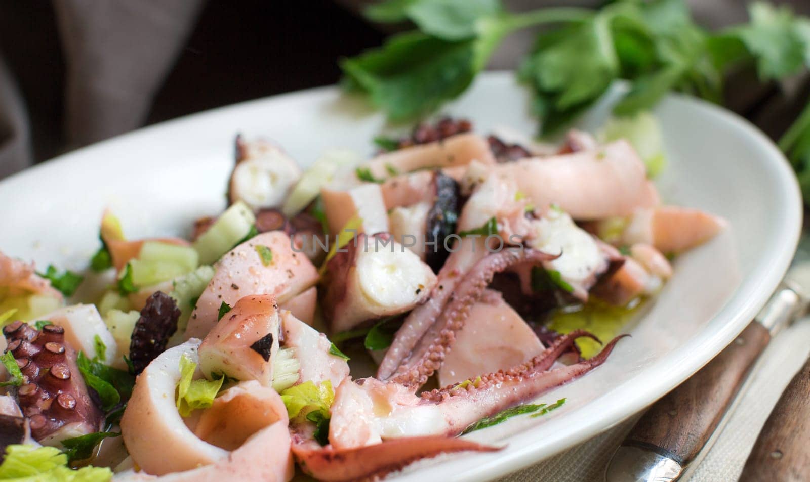 Seafood salad made of different seafood and vegetables