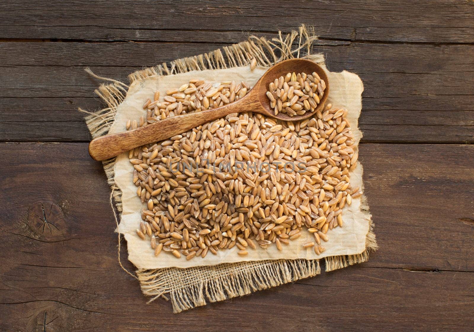 Whole unpolished spelt in a with a spoon on wooden table