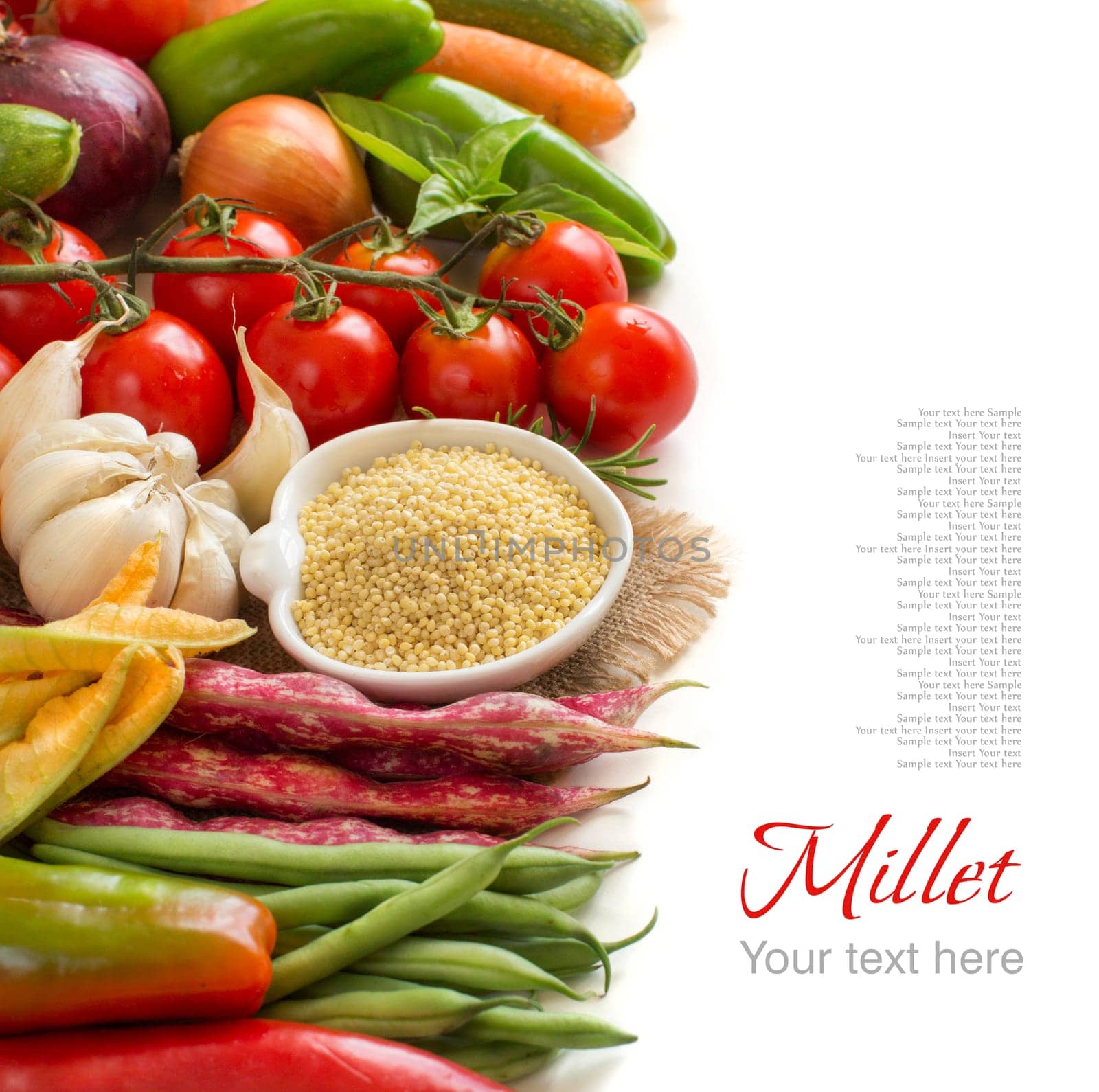 Raw millet in bowl and vegetables isolated on white