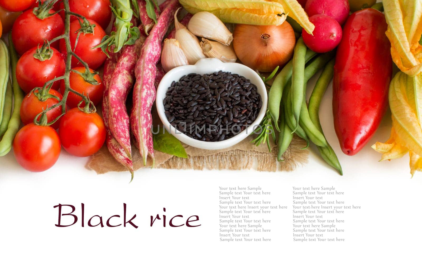 Wild black rice in a bowl with vegetables isolated on white