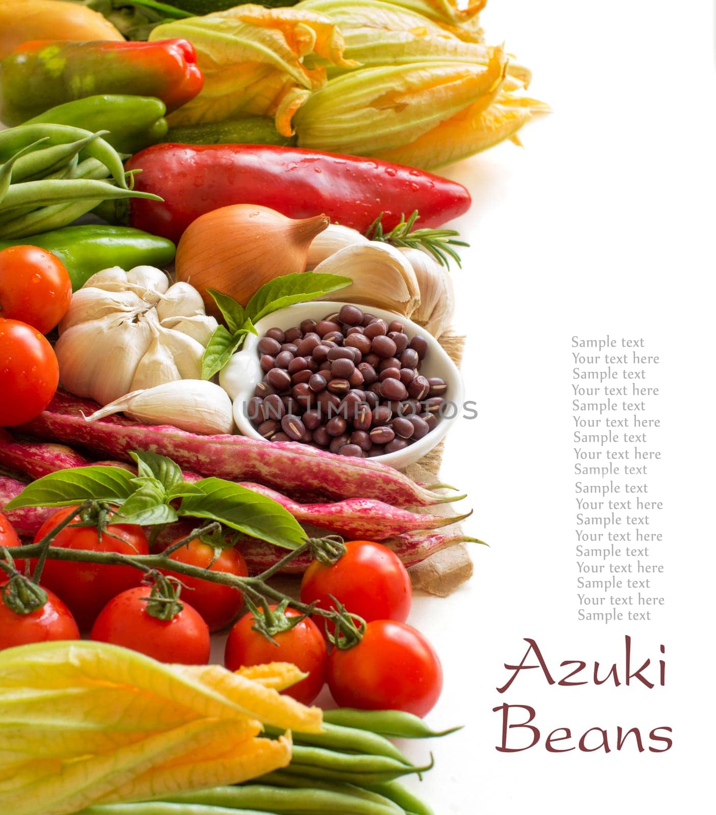 Raw azuki beans in a bowl and fresh vegetables isolated on white