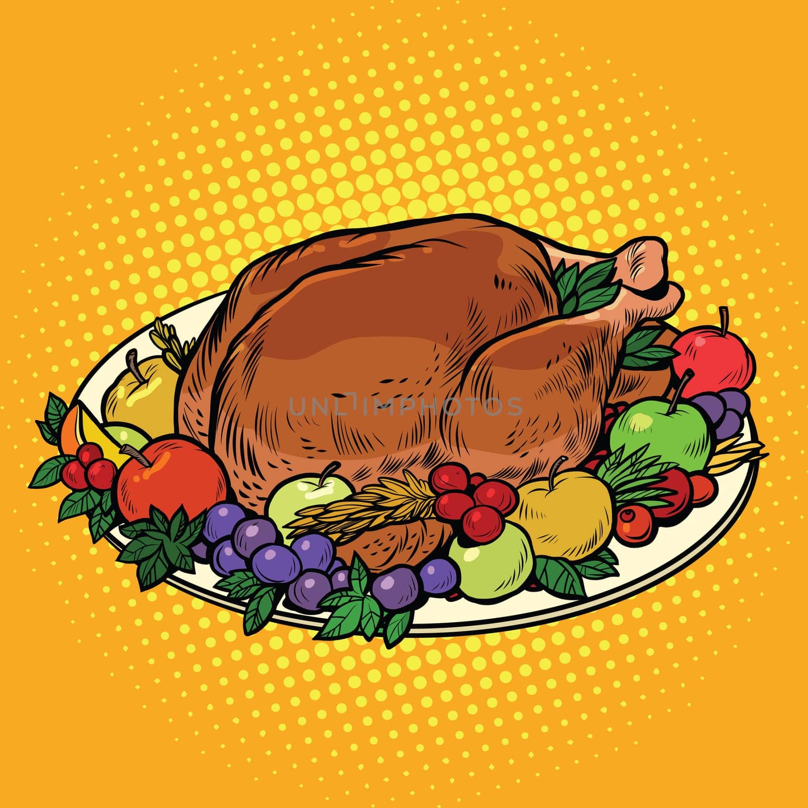 Fried Turkey dish on Thanksgiving day, pop art retro vector illustration. Autumn harvest