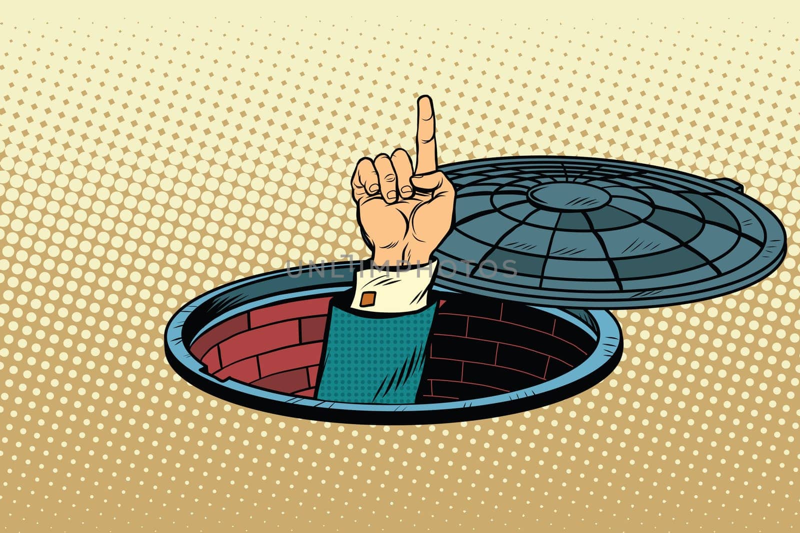 Index finger from manhole, pop art retro vector illustration