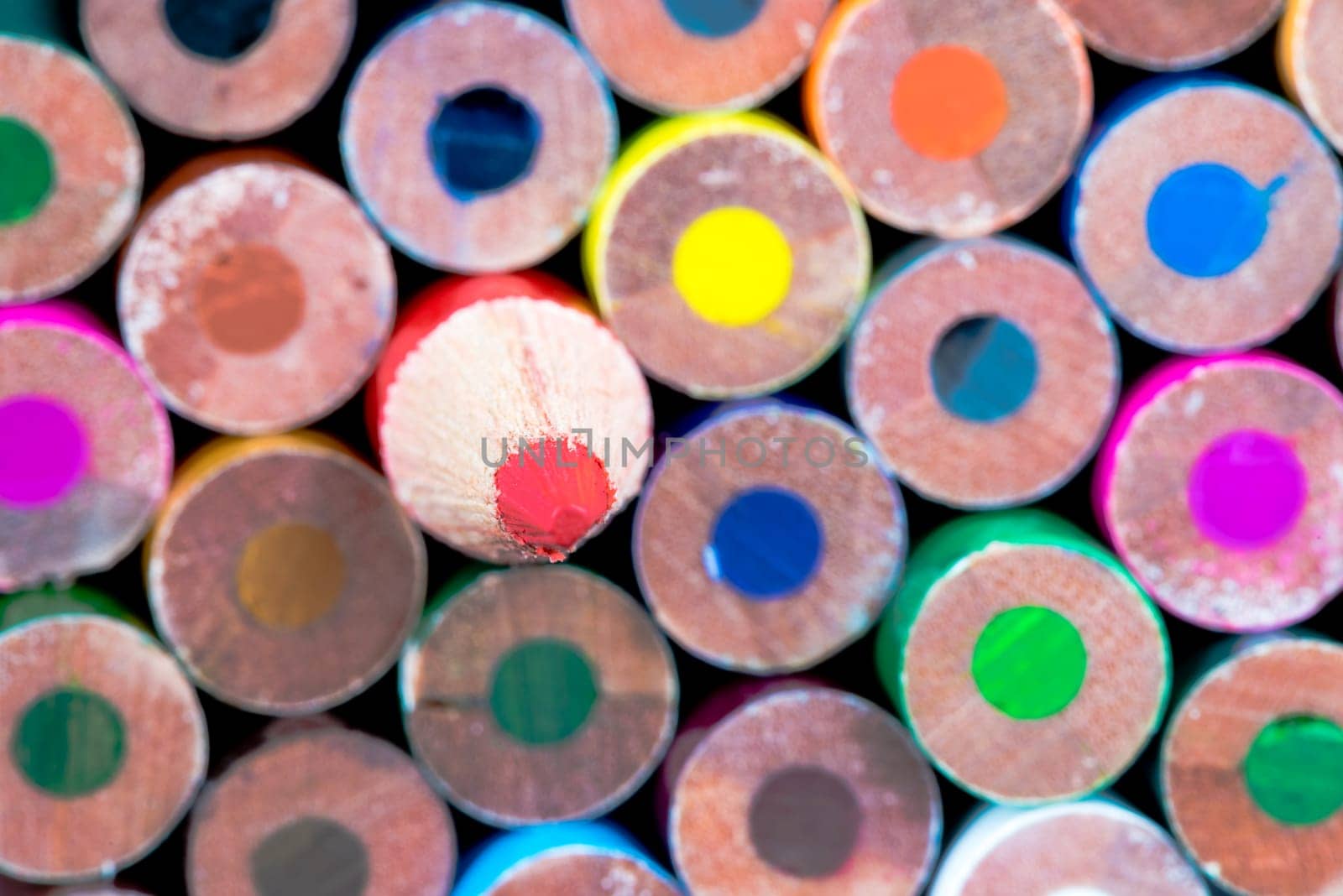 Close up macro shot of colouring pencils, education and creativity concept
