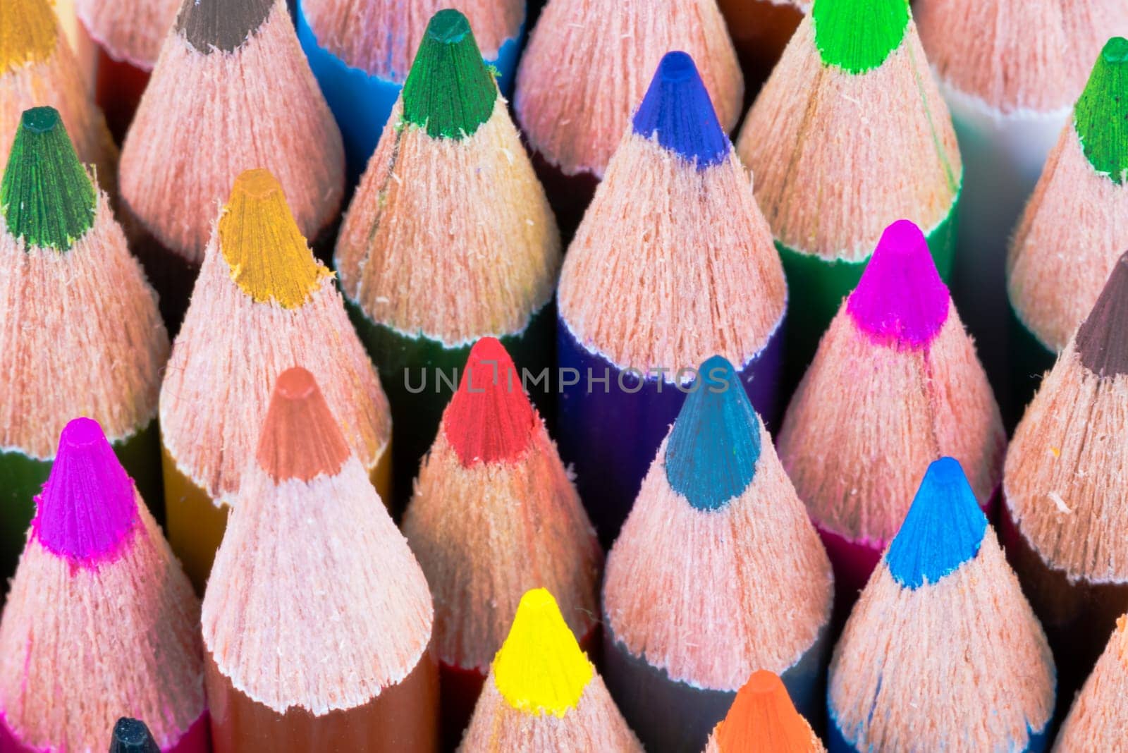 Close up macro shot of colouring pencils, education and creativity concept