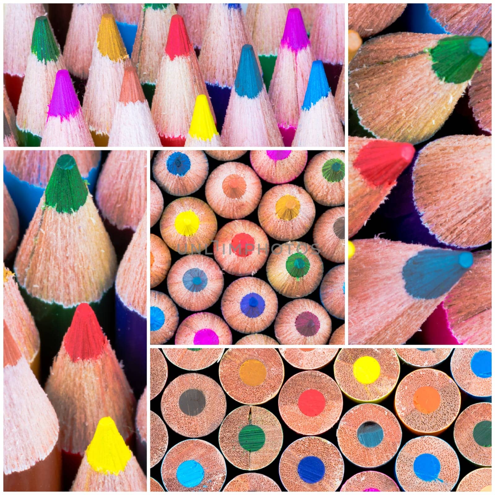 Photo collage of Close up macro shot over colouring pencils, education and creativity concept