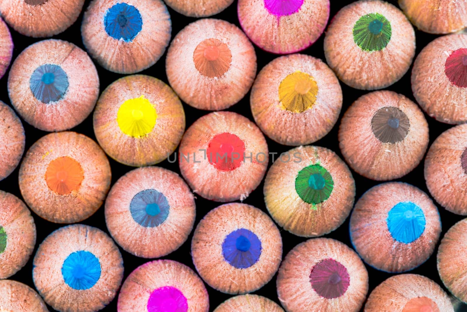 Close up macro shot of colouring pencils, education and creativity concept
