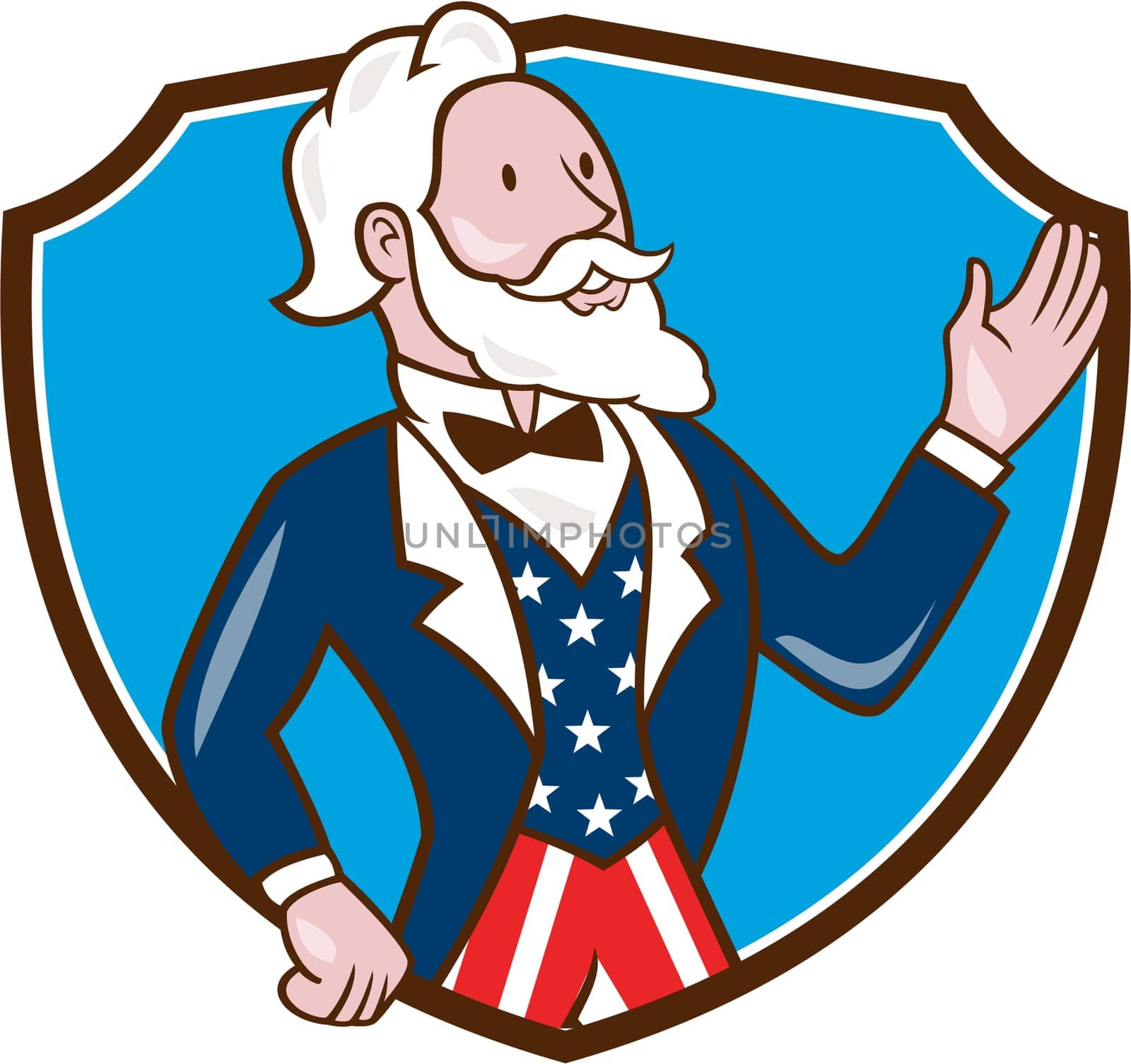 Illustration of Uncle Sam wearing american stars and stripes suit waving hand looking to the side viewed from front set inside shield crest on isolated background done in cartoon style.