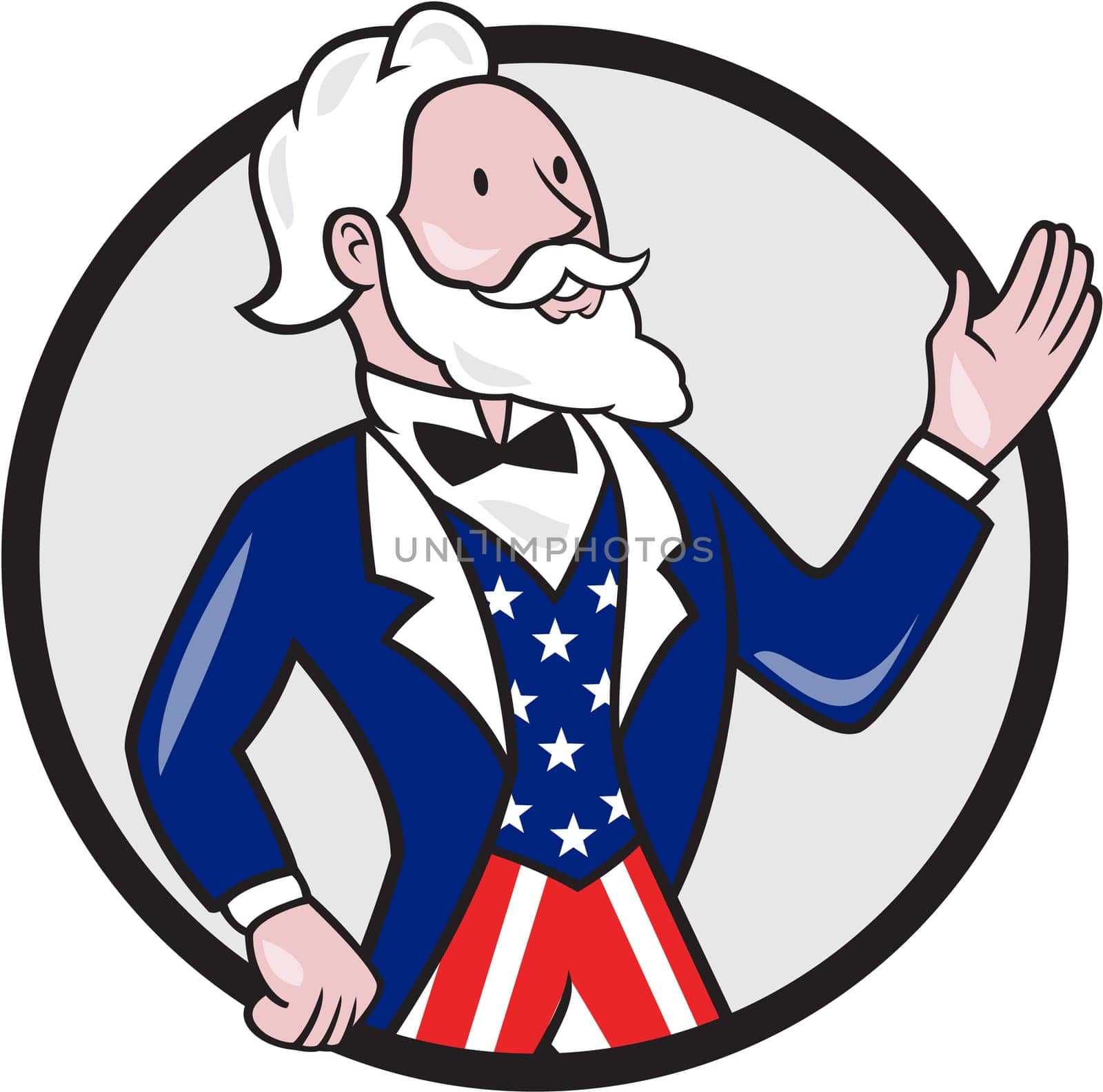 Illustration of Uncle Sam wearing american stars and stripes suit waving hand looking to the side viewed from the side set inside circle on isolated background done in cartoon style.