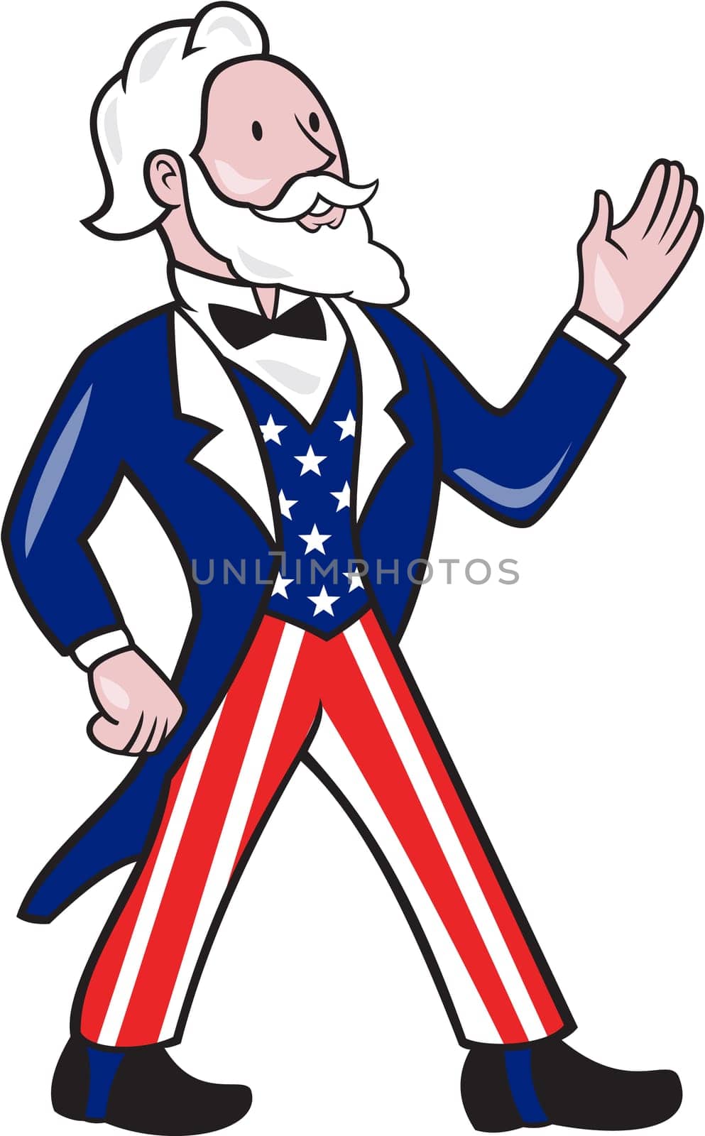 Illustration of Uncle Sam wearing american stars and stripes suit standing waving hand looking to the side viewed from front set on isolated white background done in cartoon style.