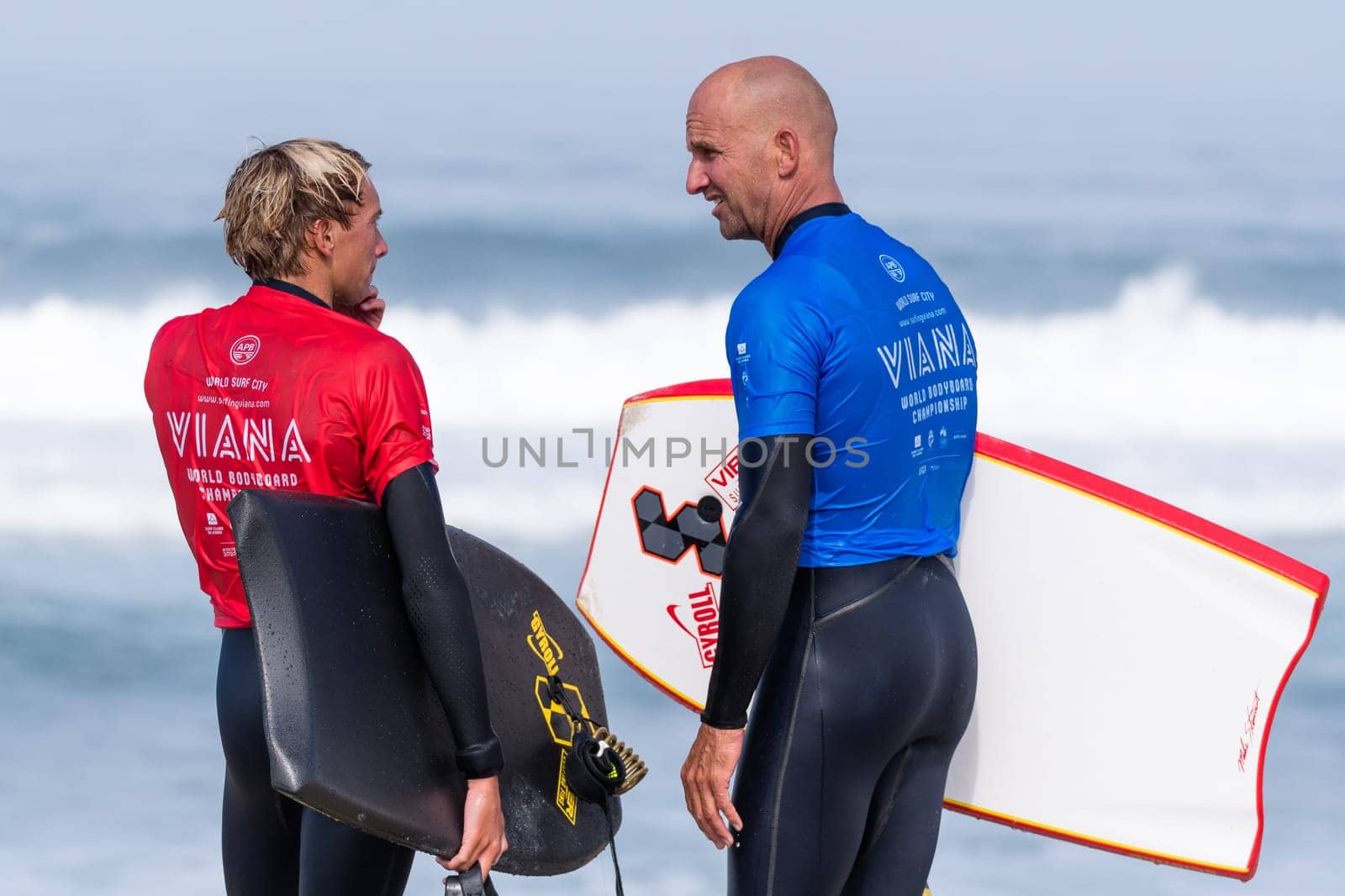 VIANA DO CASTELO, PORTUGAL - SEPTEMBER 22, 2016: Mike Stewart (HAW) with Tanner McDaniel (HAW) during  the Viana World Bodyboard Championship 2016.