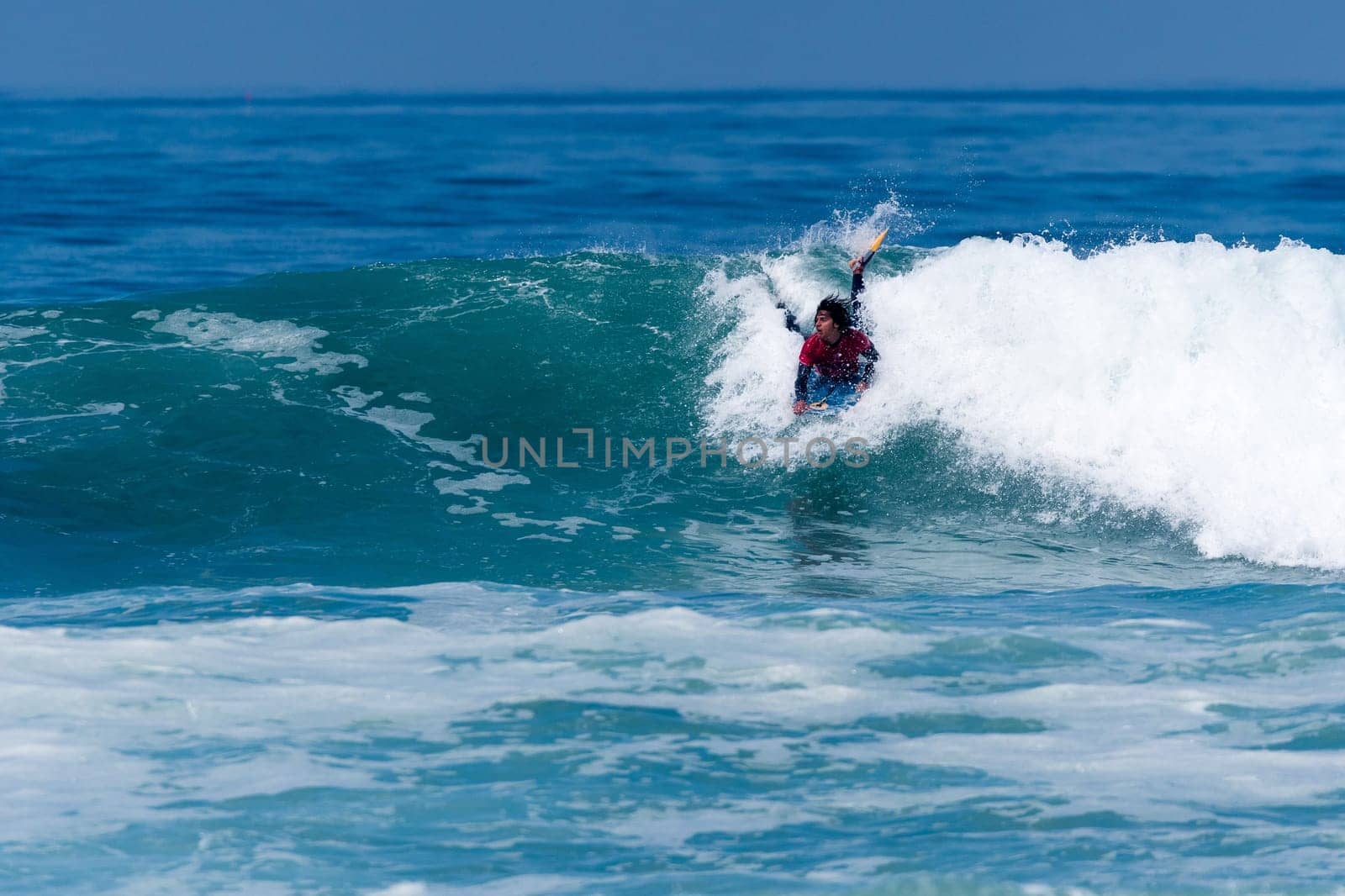 VIANA DO CASTELO, PORTUGAL - SEPTEMBER 22, 2016: Mathias Dias (CHI) during  the Viana World Bodyboard Championship 2016.