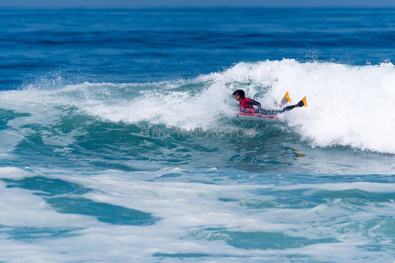 VIANA DO CASTELO, PORTUGAL - SEPTEMBER 22, 2016: Mathias Dias (CHI) during  the Viana World Bodyboard Championship 2016.