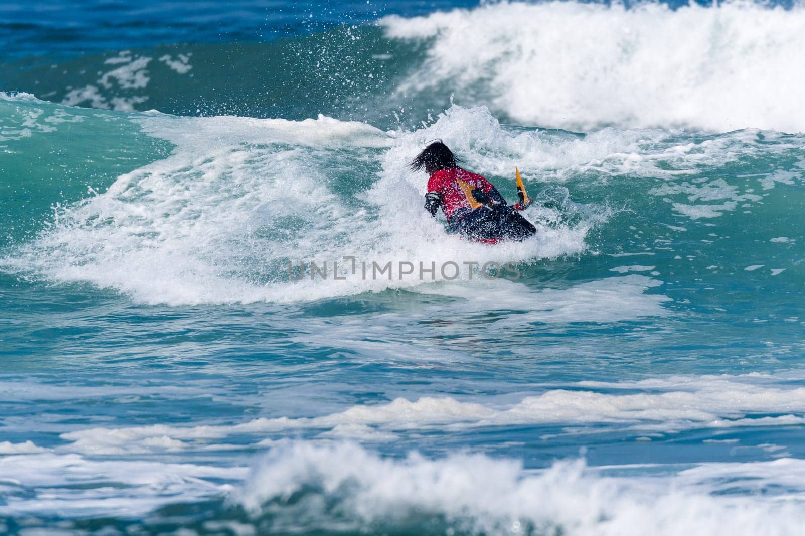 VIANA DO CASTELO, PORTUGAL - SEPTEMBER 22, 2016: Mathias Dias (CHI) during  the Viana World Bodyboard Championship 2016.