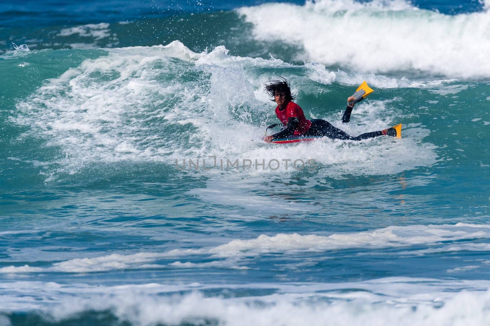 VIANA DO CASTELO, PORTUGAL - SEPTEMBER 22, 2016: Mathias Dias (CHI) during  the Viana World Bodyboard Championship 2016.