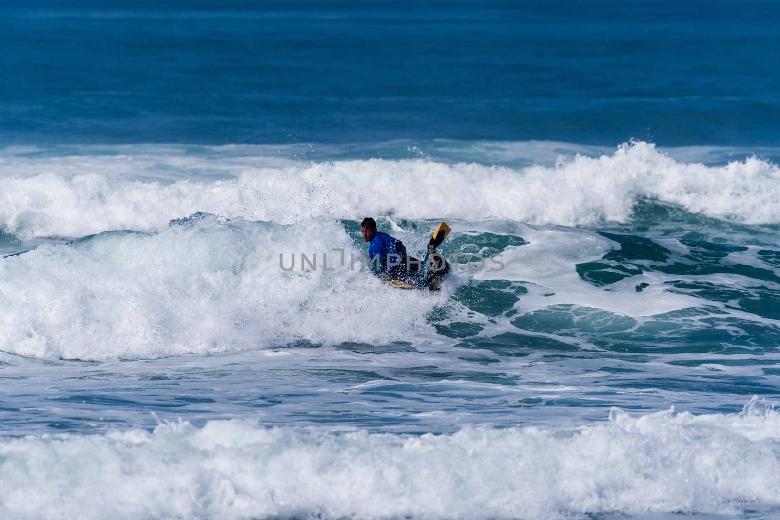 VIANA DO CASTELO, PORTUGAL - SEPTEMBER 22, 2016: Goncalo Pinheiro (POR) during  the Viana World Bodyboard Championship 2016.