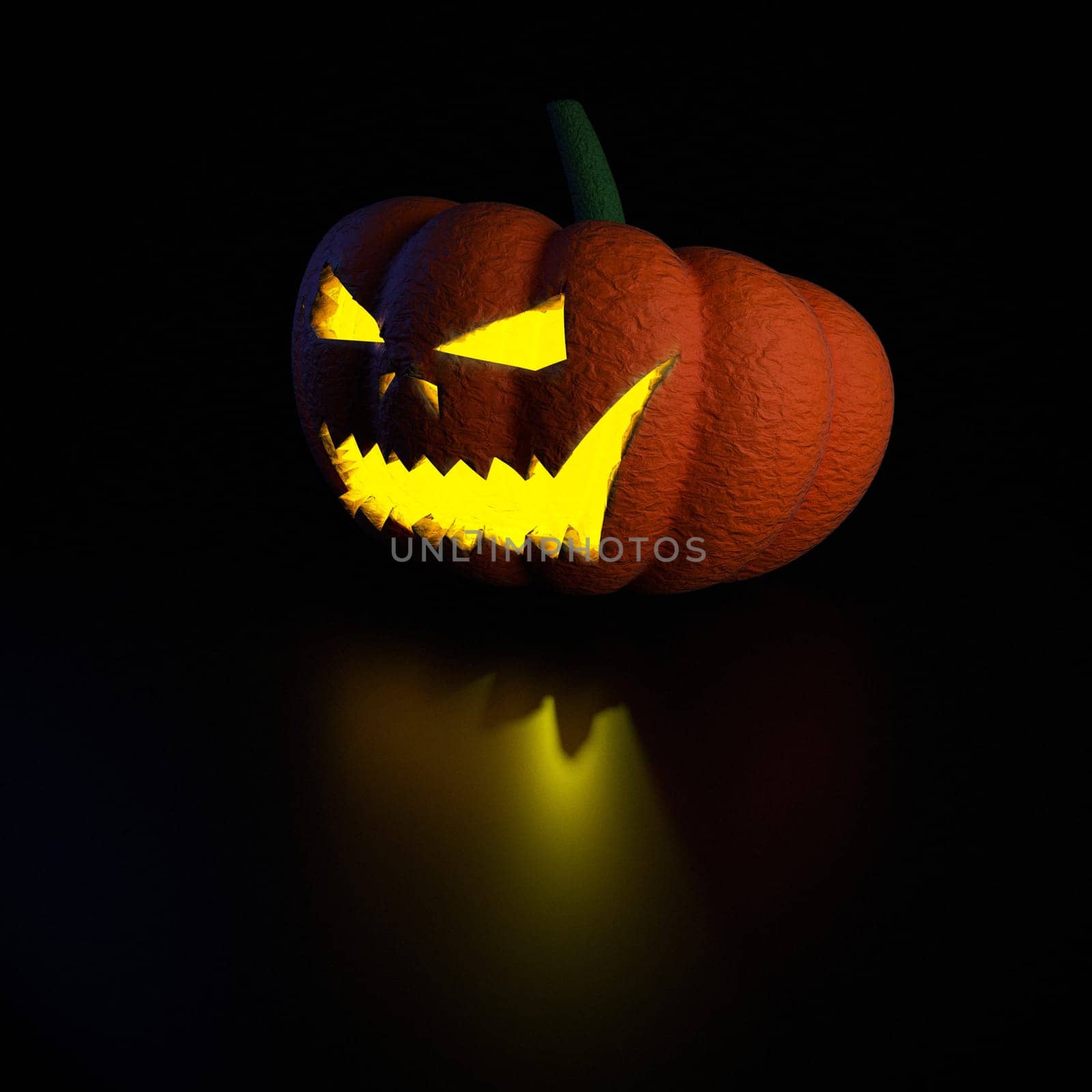 3d render pumpkin lamp on black surface with light and shadow details.