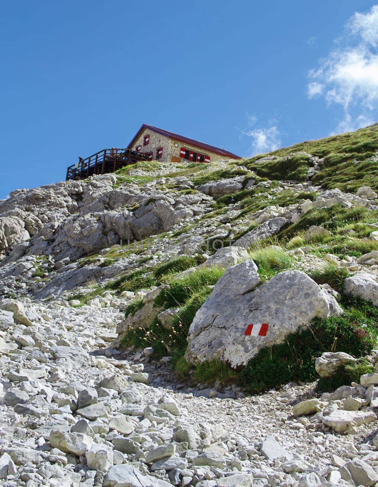 Signal on a rocky path and refuge on the Gran Sasso, Italy