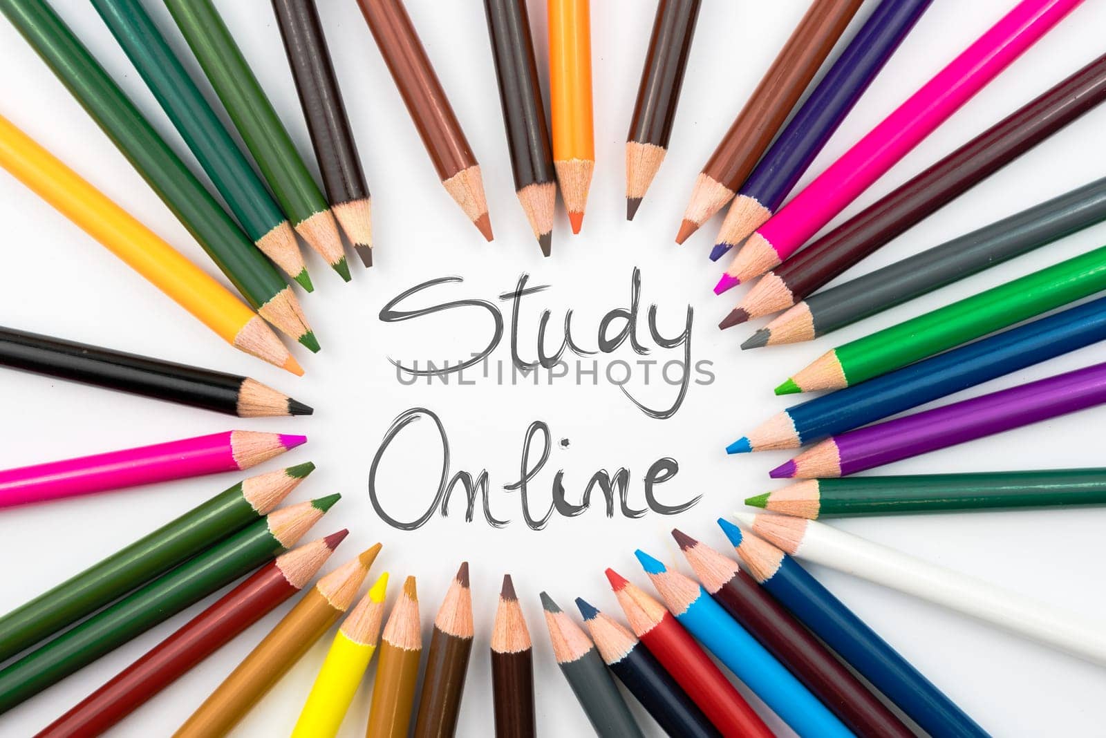 Colouring pencils in circle arrangement with message Study Online, education concept