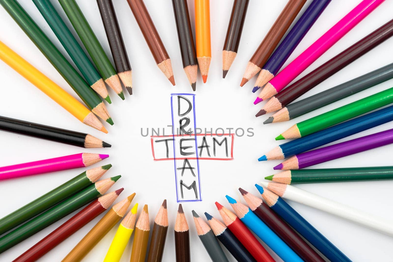 Colouring pencils in circle arrangement with message Dream Team, education concept